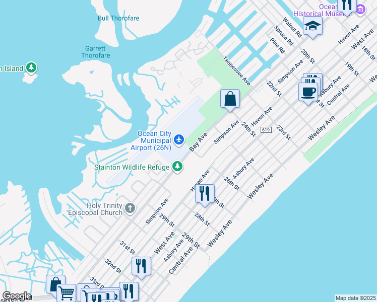 map of restaurants, bars, coffee shops, grocery stores, and more near 2602 Bay Ave in Ocean City