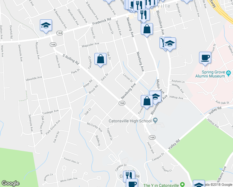 map of restaurants, bars, coffee shops, grocery stores, and more near 419 South Rolling Road in Catonsville