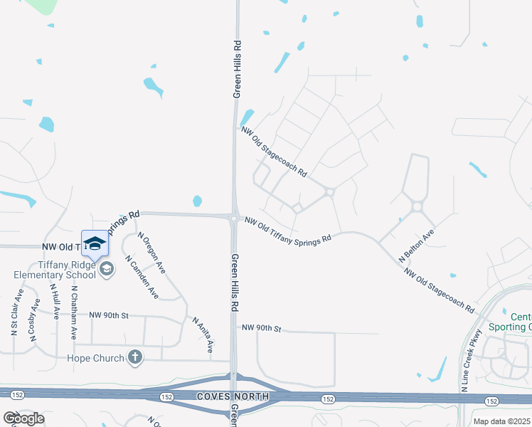map of restaurants, bars, coffee shops, grocery stores, and more near 9627-9803 Northwest Old Tiffany Springs Road in Kansas City