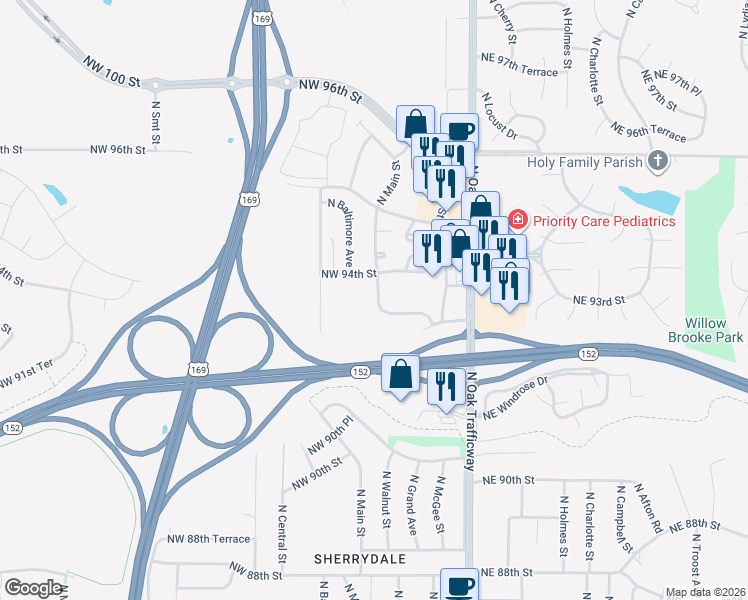 map of restaurants, bars, coffee shops, grocery stores, and more near 1 Northeast 93 Street in Kansas City