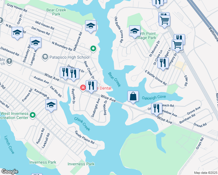 map of restaurants, bars, coffee shops, grocery stores, and more near 8350 Bear Creek Drive in Baltimore