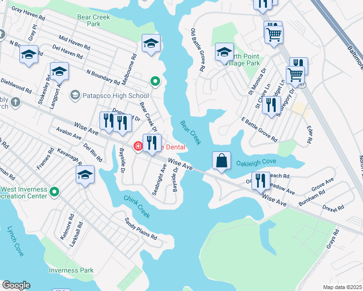 map of restaurants, bars, coffee shops, grocery stores, and more near 8350 Bear Creek Drive in Baltimore