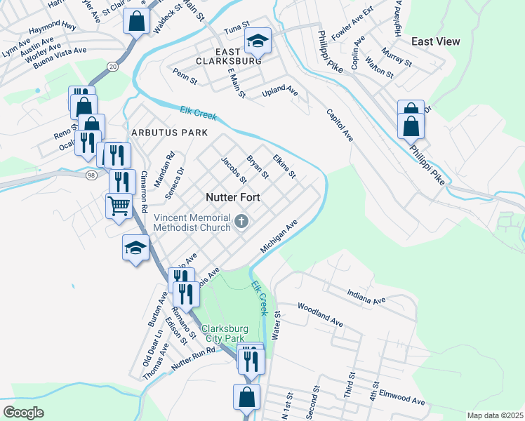 map of restaurants, bars, coffee shops, grocery stores, and more near 516 Illinois Avenue in Nutter Fort