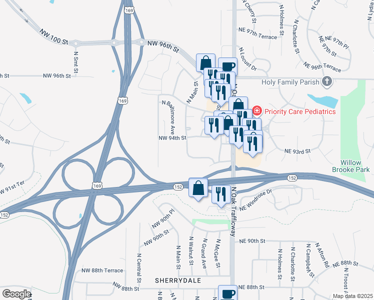 map of restaurants, bars, coffee shops, grocery stores, and more near 1 Northeast 93 Street in Kansas City