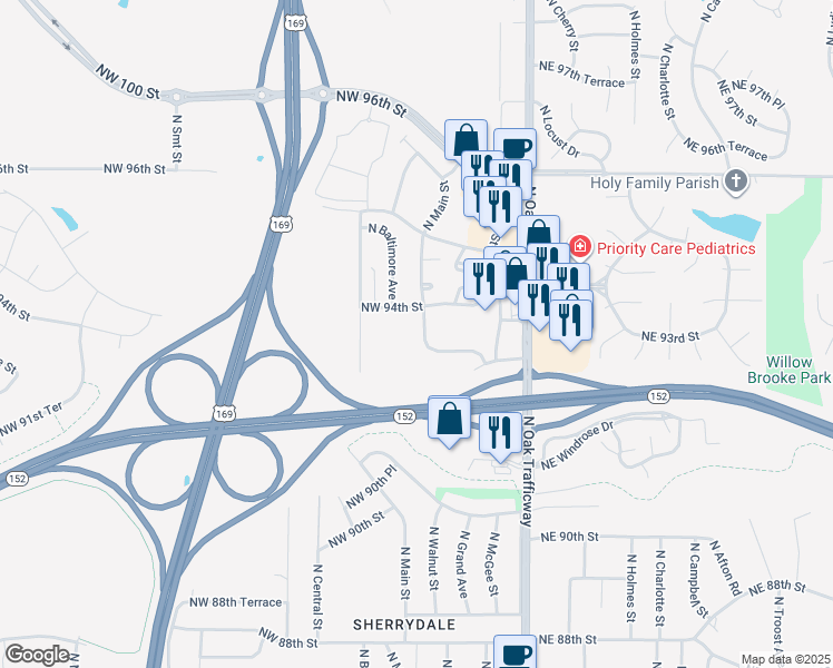 map of restaurants, bars, coffee shops, grocery stores, and more near 1 Northeast 93 Street in Kansas City