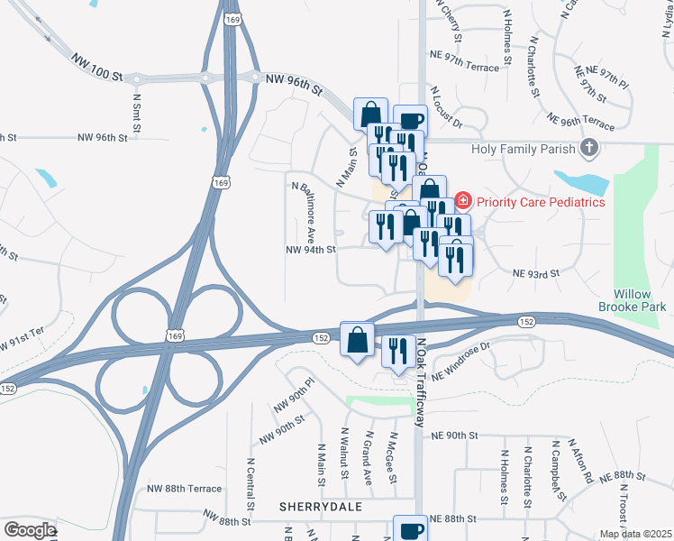 map of restaurants, bars, coffee shops, grocery stores, and more near 1 Northeast 93 Street in Kansas City