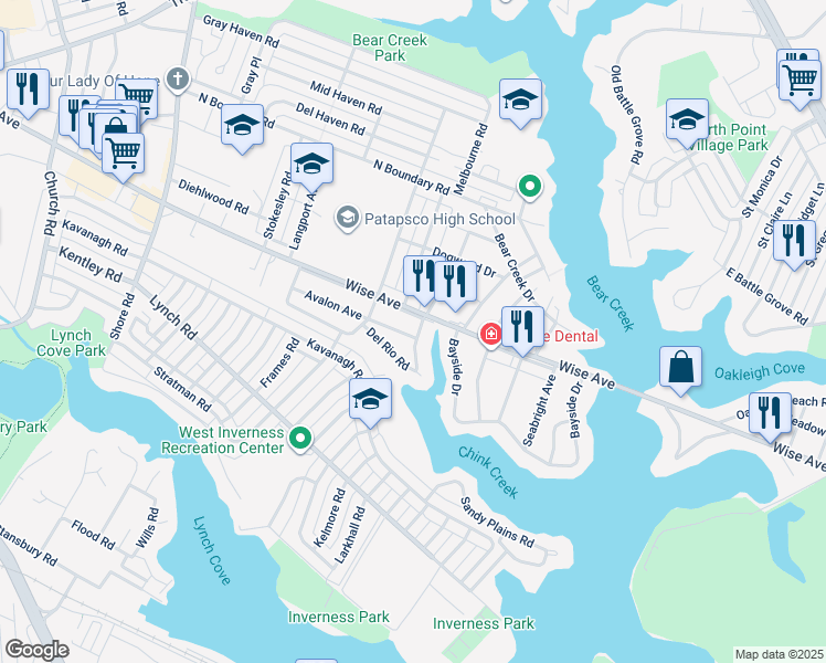 map of restaurants, bars, coffee shops, grocery stores, and more near 98 Avalon Avenue in Dundalk