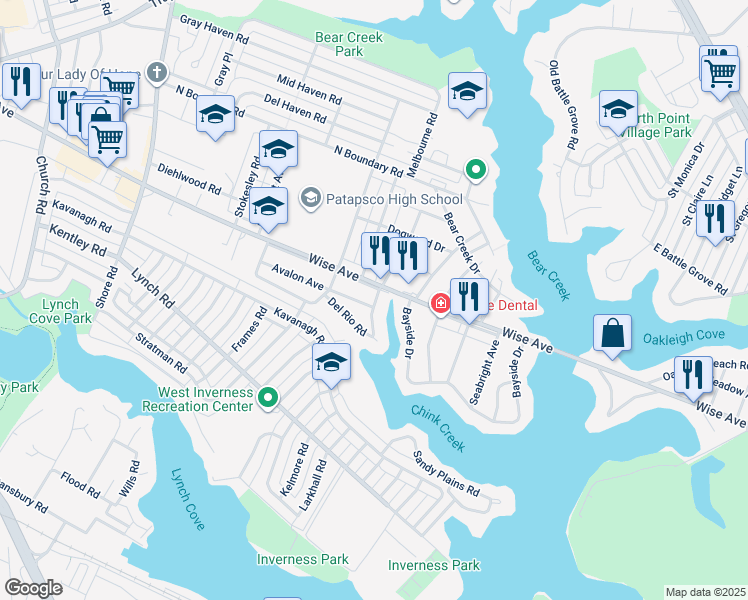 map of restaurants, bars, coffee shops, grocery stores, and more near 98 Avalon Avenue in Dundalk