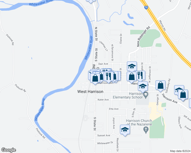 map of restaurants, bars, coffee shops, grocery stores, and more near 128 North State Street in West Harrison