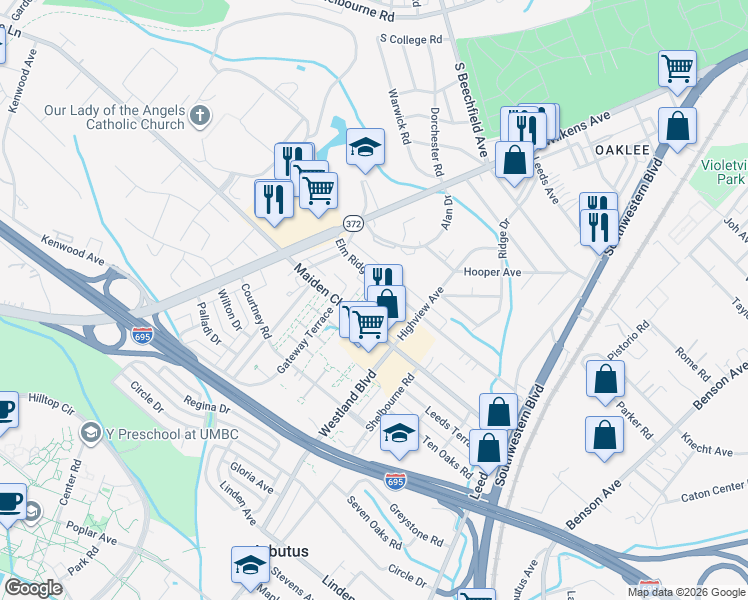 map of restaurants, bars, coffee shops, grocery stores, and more near 1037 Maiden Choice Lane in Baltimore