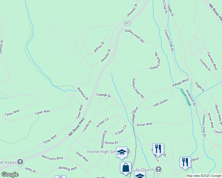 map of restaurants, bars, coffee shops, grocery stores, and more near 702 College Drive in Incline Village