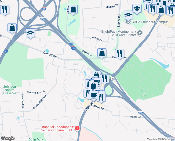 map of restaurants, bars, coffee shops, grocery stores, and more near 10869 Ponds Lane in Cincinnati