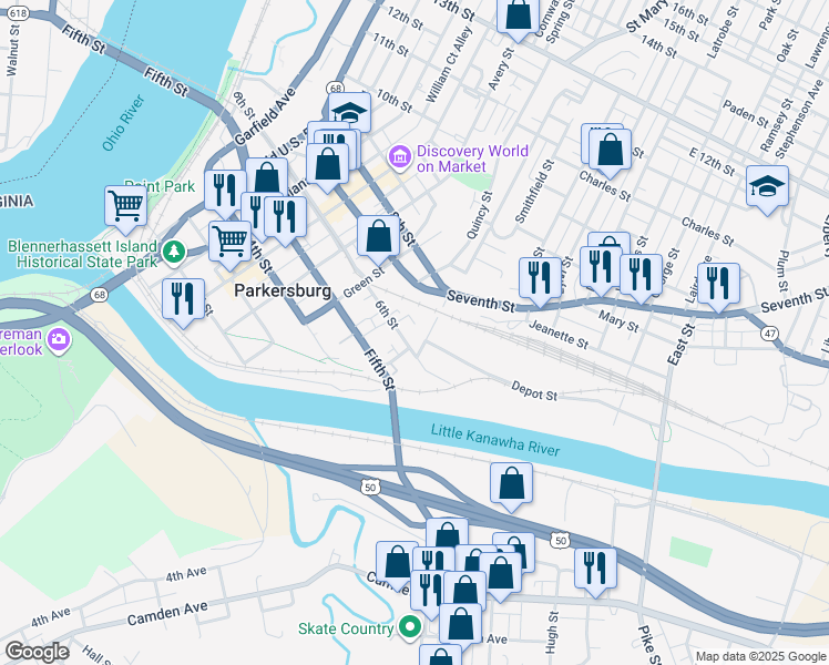 map of restaurants, bars, coffee shops, grocery stores, and more near 642 Depot St in Parkersburg