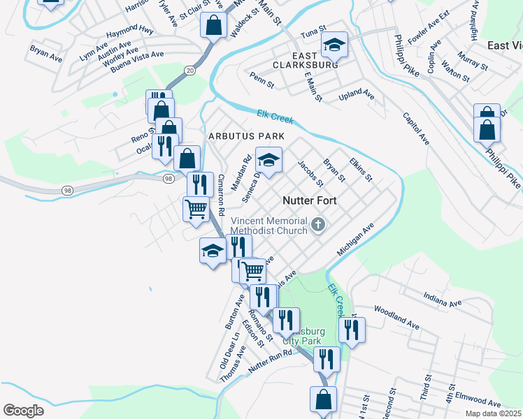 map of restaurants, bars, coffee shops, grocery stores, and more near 219 West Virginia Avenue South in Nutter Fort