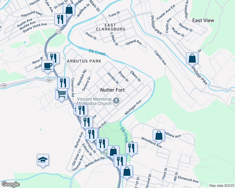 map of restaurants, bars, coffee shops, grocery stores, and more near 416.5 Ohio Avenue in Nutter Fort