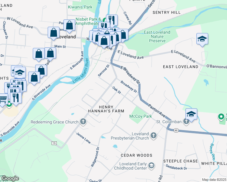 map of restaurants, bars, coffee shops, grocery stores, and more near 421 Walker Street in Loveland