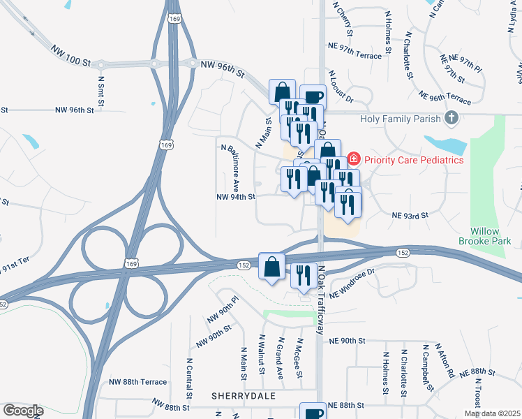map of restaurants, bars, coffee shops, grocery stores, and more near 1 Northeast 93 Street in Kansas City