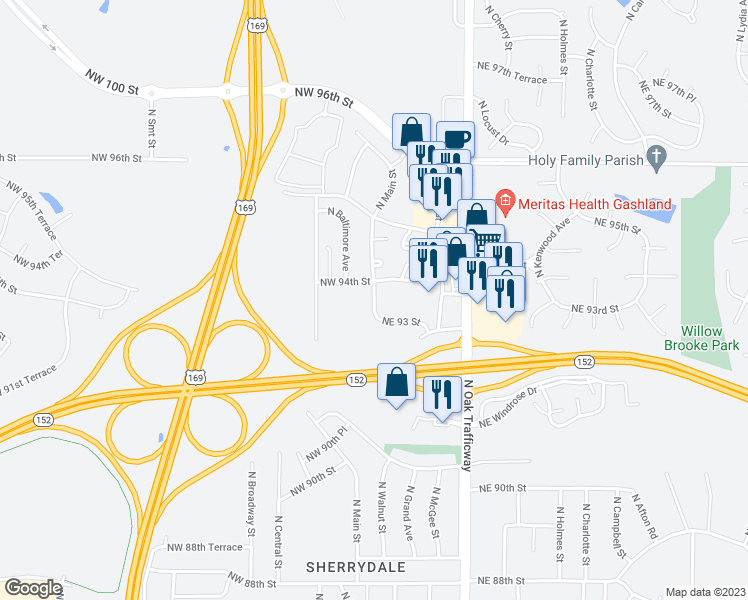 map of restaurants, bars, coffee shops, grocery stores, and more near 1 Northeast 93 Street in Kansas City