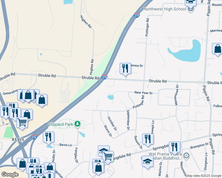 map of restaurants, bars, coffee shops, grocery stores, and more near 10348 Fay Lane in Cincinnati