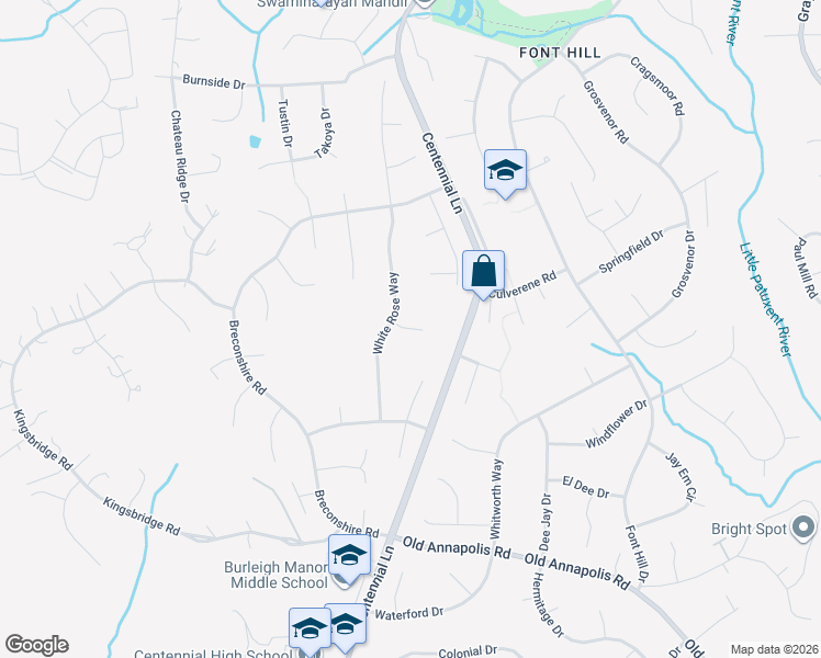 map of restaurants, bars, coffee shops, grocery stores, and more near Burleigh Cottage Lane in Ellicott City