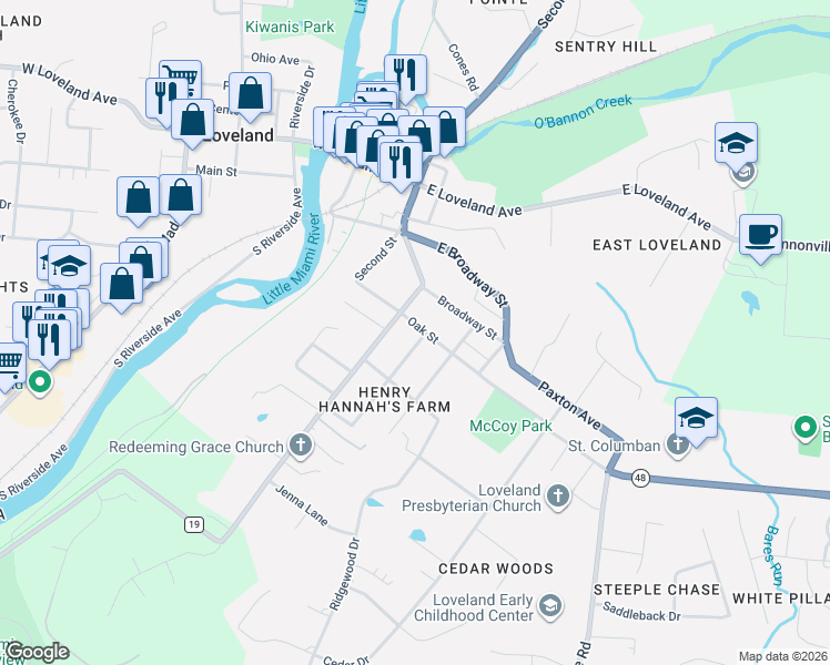 map of restaurants, bars, coffee shops, grocery stores, and more near 421 Walker Street in Loveland