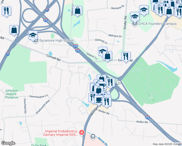 map of restaurants, bars, coffee shops, grocery stores, and more near 10869 Ponds Lane in Cincinnati
