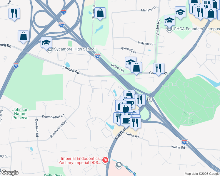 map of restaurants, bars, coffee shops, grocery stores, and more near 10901 Brookgreen Court in Cincinnati