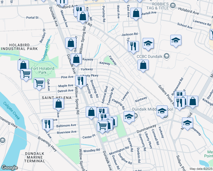 map of restaurants, bars, coffee shops, grocery stores, and more near 80 Admiral Boulevard in Dundalk