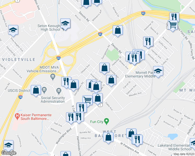 map of restaurants, bars, coffee shops, grocery stores, and more near 1633 Inverness Avenue in Baltimore