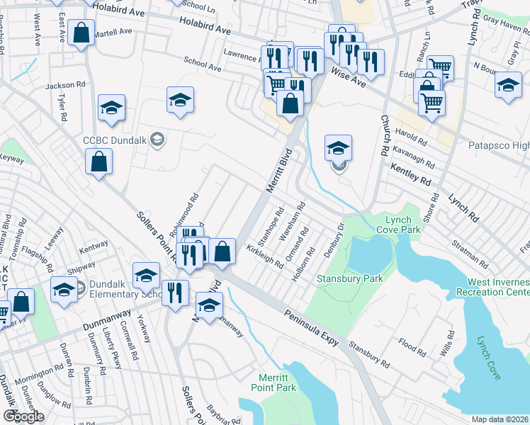 map of restaurants, bars, coffee shops, grocery stores, and more near 1915 Merritt Boulevard in Dundalk