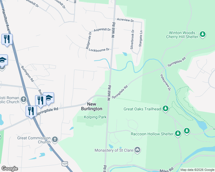 map of restaurants, bars, coffee shops, grocery stores, and more near 10433 Mill Road in Cincinnati