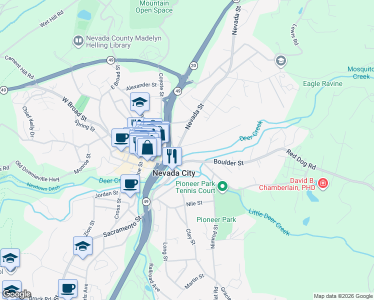 map of restaurants, bars, coffee shops, grocery stores, and more near 115 Boulder Street in Nevada City