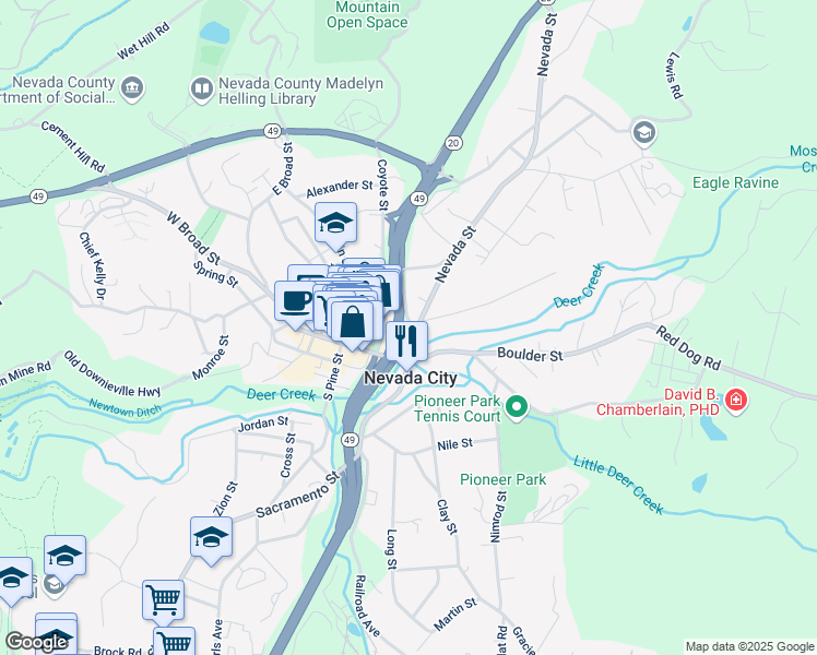 map of restaurants, bars, coffee shops, grocery stores, and more near 115 Boulder Street in Nevada City