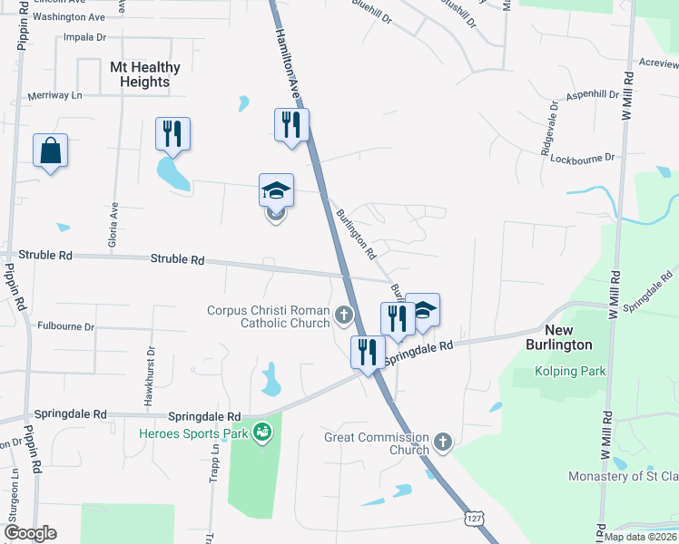 map of restaurants, bars, coffee shops, grocery stores, and more near 2000 Struble Road in Cincinnati