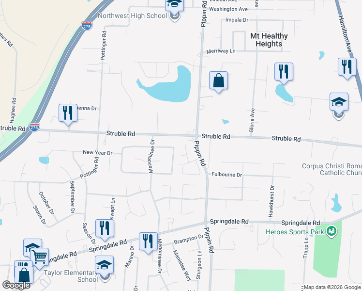 map of restaurants, bars, coffee shops, grocery stores, and more near 2910 Bentbrook Drive in Cincinnati