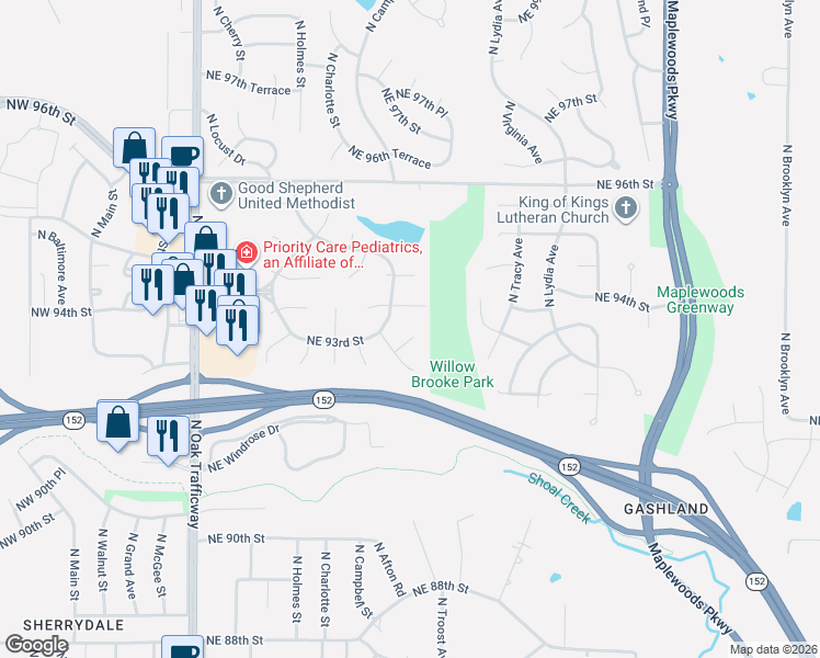 map of restaurants, bars, coffee shops, grocery stores, and more near 1005 Northeast 92nd Court in Kansas City