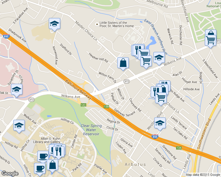 map of restaurants, bars, coffee shops, grocery stores, and more near Wilkens Ave & Palladi Dr in Arbutus