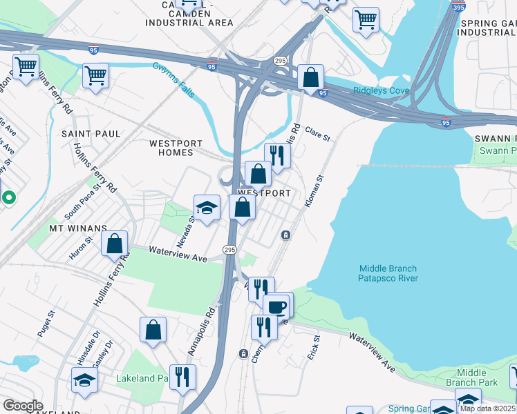 map of restaurants, bars, coffee shops, grocery stores, and more near Annapolis Rd & Kent St in Baltimore