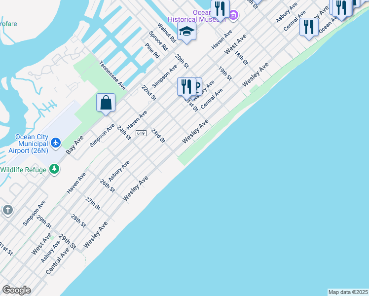 map of restaurants, bars, coffee shops, grocery stores, and more near 2221 Wesley Avenue in Ocean City