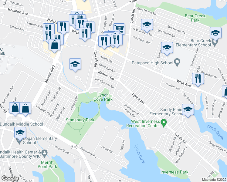 map of restaurants, bars, coffee shops, grocery stores, and more near 2046 Shore Road in Dundalk