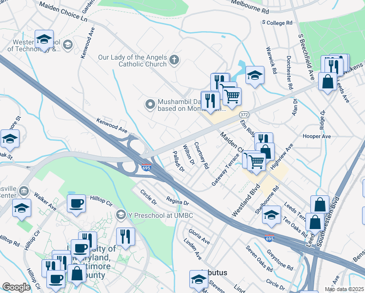 map of restaurants, bars, coffee shops, grocery stores, and more near 4901 Wilkens Avenue in Catonsville