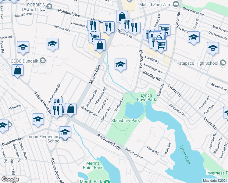 map of restaurants, bars, coffee shops, grocery stores, and more near 2333 Searles Road in Dundalk