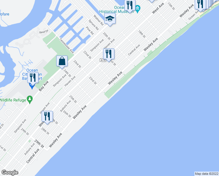 map of restaurants, bars, coffee shops, grocery stores, and more near 2221 Wesley Avenue in Ocean City