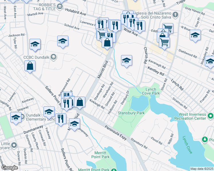 map of restaurants, bars, coffee shops, grocery stores, and more near 2725 Moorgate Road in Dundalk