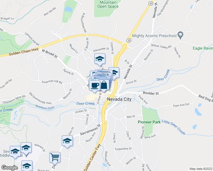 map of restaurants, bars, coffee shops, grocery stores, and more near 217 Broad Street in Nevada City