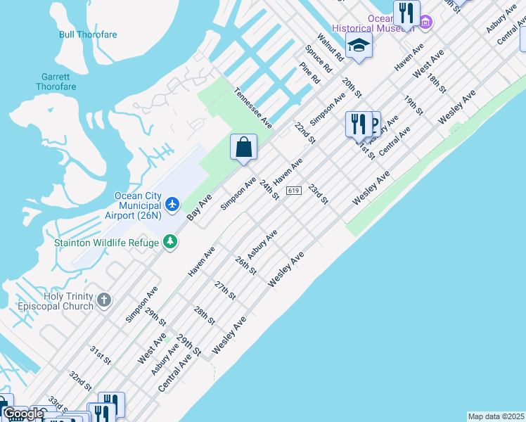 map of restaurants, bars, coffee shops, grocery stores, and more near 2453-55 West Avenue in Ocean City