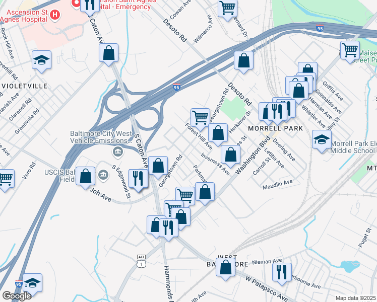 map of restaurants, bars, coffee shops, grocery stores, and more near 3015 Georgetown Road in Baltimore