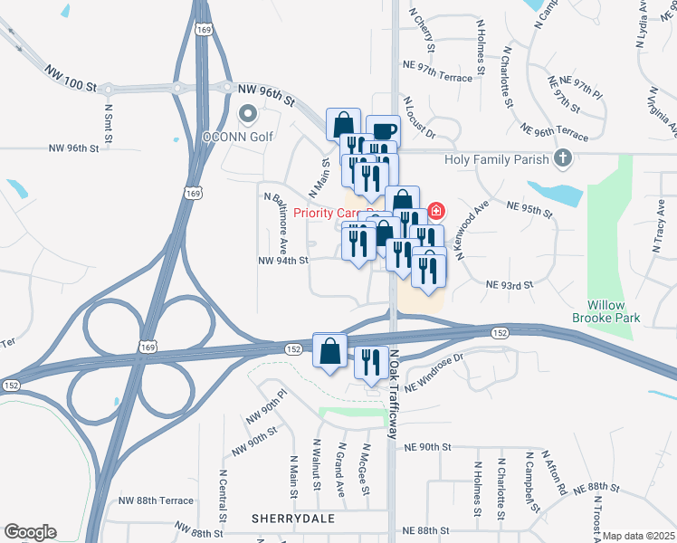 map of restaurants, bars, coffee shops, grocery stores, and more near 9400 North Oak Trafficway in Kansas City