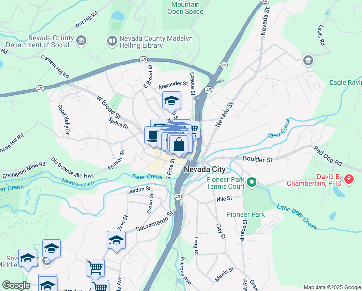 map of restaurants, bars, coffee shops, grocery stores, and more near 236 Commercial Street in Nevada City