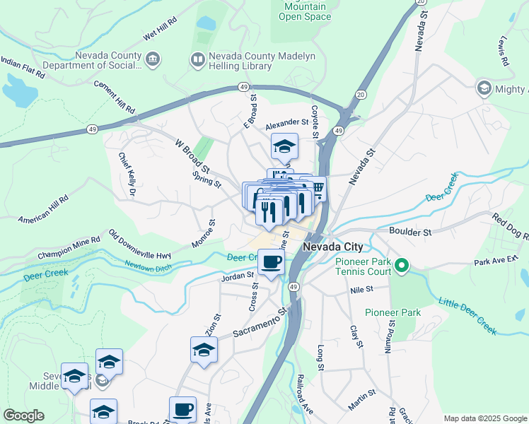 map of restaurants, bars, coffee shops, grocery stores, and more near 313 Broad Street in Nevada City